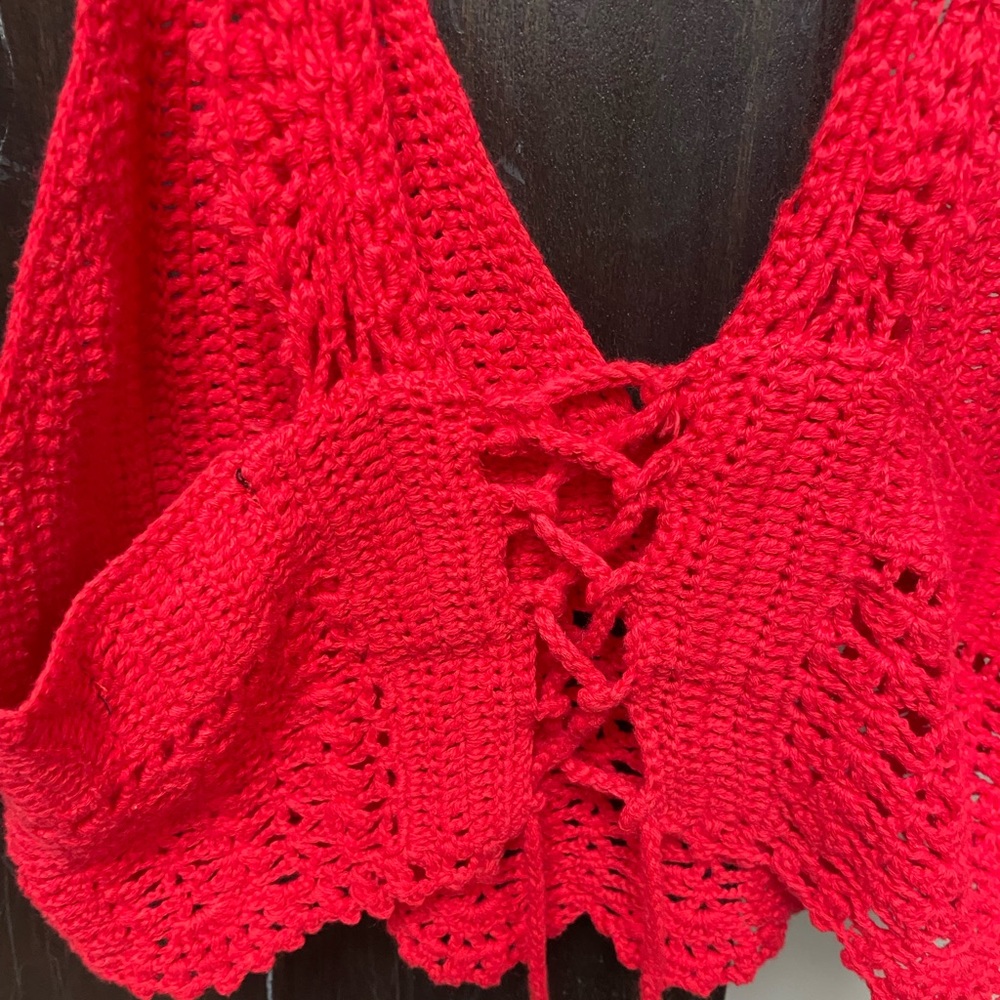 Red, size medium, crocheted tank top, laces up the back